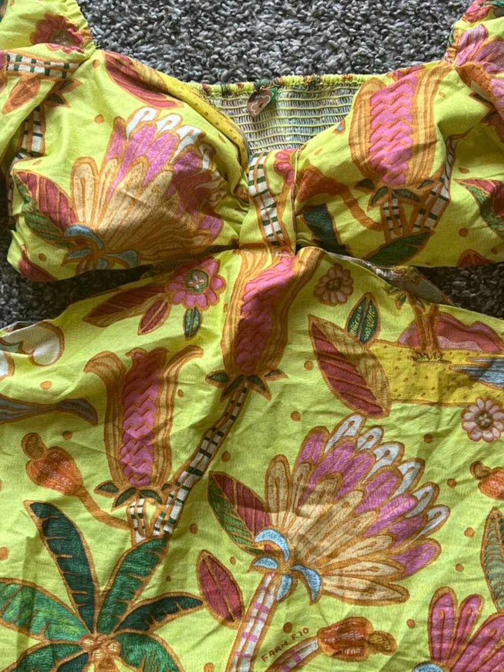 Farm Rio Mini Dress Small Yellow Summer Tropical Vacation Off the Shoulder Girly - Picture 2 of 7